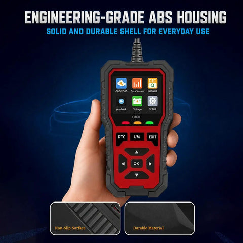 Professional OBD2 Diagnostic Scanner And Code Reader To Clear Check Engine Codes Fast with ABS housing in hand.