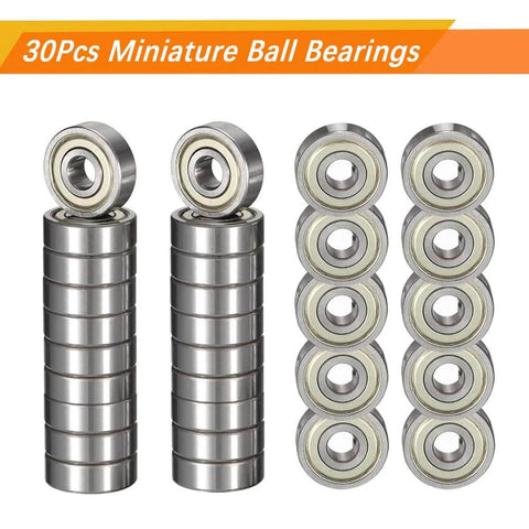 Miniature 623ZZ Ball Bearings Set, 30 Pieces, deep groove, double shielded, carbon steel, 3mm x 10mm x 4mm, stacked front view