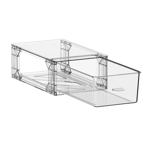 Clear plastic 2 pack stackable makeup organizer bins with handles for fridge bathroom kitchen under sink cabinet and pantry storage.