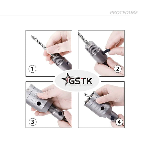 Assembly steps for Beefed Up 15 Piece Concrete Hole Saw Kit with SDS Plus Shank and 110mm Connecting Rod