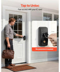 Sleek Matte Black Keyless Entry Door Lock With IC Card Reader And Touchpad Keypad, man unlocking door with IC card.