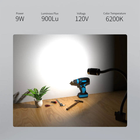 Beast Mode Bright Magnetic Work Light With 9W LED Gooseneck illuminating a workbench with tools and a potted plant.