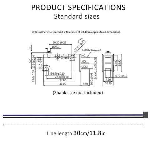 Technical diagram of Hinge Lever Waterproof Momentary Push Button Micro Switch 1NO Snap Action Mini Switch 2 Pins 30cm Wire Lead