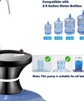 Automatic Electric Drinking Water Dispenser Pump For 2 To 5 Gallon Jugs USB Rechargeable with size compatibility information.