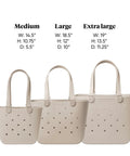 Three beige EVA tote bags in medium, large, and extra large sizes; Extra Large Beach Tote Bag Waterproof EVA Tote With Zipper Pocket For Travel Pool Boat Groceries And Sports Gear, Lightweight, Leakproof Easy Clean, Tip-Proof Non-Slip Bottom, Go-To For Beach Days.