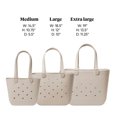 Three beige EVA tote bags in medium, large, and extra large sizes; Extra Large Beach Tote Bag Waterproof EVA Tote With Zipper Pocket For Travel Pool Boat Groceries And Sports Gear, Lightweight, Leakproof Easy Clean, Tip-Proof Non-Slip Bottom, Go-To For Beach Days.