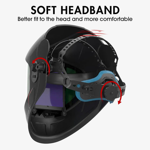 Panoramic 180 Degree Auto Darkening Welding Helmet interior with soft adjustable headband for comfort