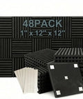 Rock Solid 50 Pack Black Acoustic Foam Wedge Tiles For Studio Soundproofing And Podcast Recordings Featuring Dynamic Wavy Shape With Included Double Sided Adhesive Tape For Easy Hanging and Top Shelf Audio Treatment displayed with wedge tiles stacked and adhesive tape.