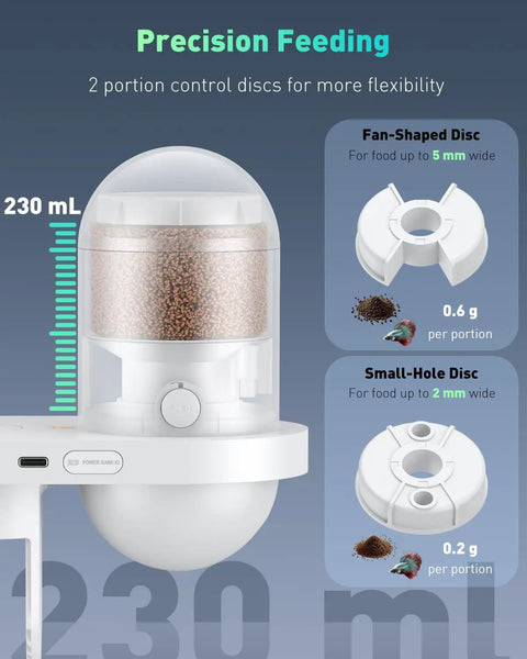 No Sweat Wifi Automatic Fish Feeder Wall Mount Auto Dispenser For 20 Plus Gallon Aquariums showing precision feeding with portion control discs.
