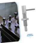 Heavy Duty Stainless Steel Indexing Lock Plunger Pin With Spring Loaded Safety Latch For A No Sweat Setup And Rock Solid Hold On Cabinets And Auto Parts next to bolts in a workshop.