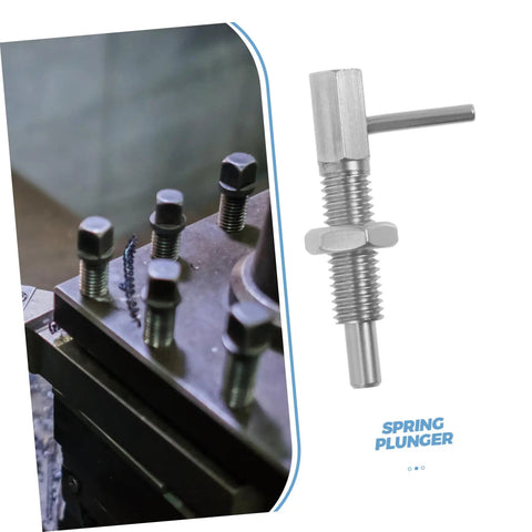 Heavy Duty Stainless Steel Indexing Lock Plunger Pin With Spring Loaded Safety Latch For A No Sweat Setup And Rock Solid Hold On Cabinets And Auto Parts next to bolts in a workshop.