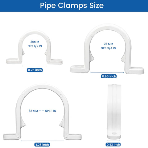 Front view of white PVC conduit pipe clamp, 20mm (1/2 in) two-hole clip
Front view of white PVC conduit pipe clamp, 25mm (3/4 in) two-hole clip
Front view of white PVC conduit pipe clamp, 32mm (1 in) two-hole clip
Side view of white PVC conduit pipe clamp, slim profile, U-shaped clip