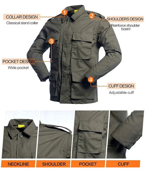 Men's Tough As Nails Tactical Hunting Outfit Featuring Ripstop Camo Jacket with adjustable cuffs and wide pockets for airsoft.