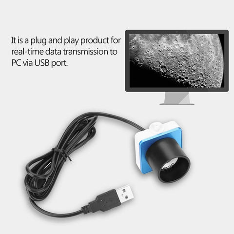 One Point Twenty Five Inch Digital Eyepiece Camera For Telescopes With USB Port Real Time Live View Astro Video Capture Planetary Imaging Astrophotography Stream To Laptop Or PC With High Clarity Imaging; shown with USB cable and lunar image on monitor