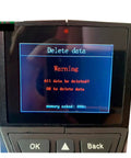 Display screen of Heavy Duty Stud Finder Wall Scanner showing delete data warning and memory usage.