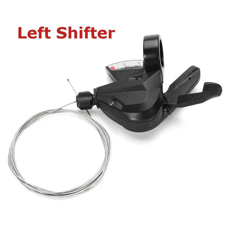 8 Speed MTB Trigger Right Shifter And Left Friction Ratcheting Thumb Shifter Pair, left shifter, aluminum plastic, cables shown
