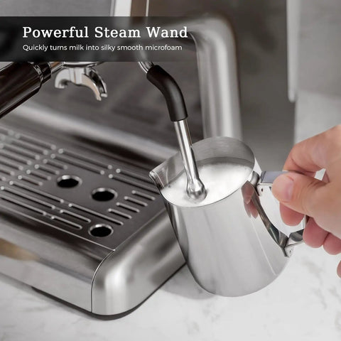 Top Shelf Espresso Machine With Built In Grinder And 20 Bar Pressure Sleek Milk Frother for creamy lattes, steam wand frothing milk.