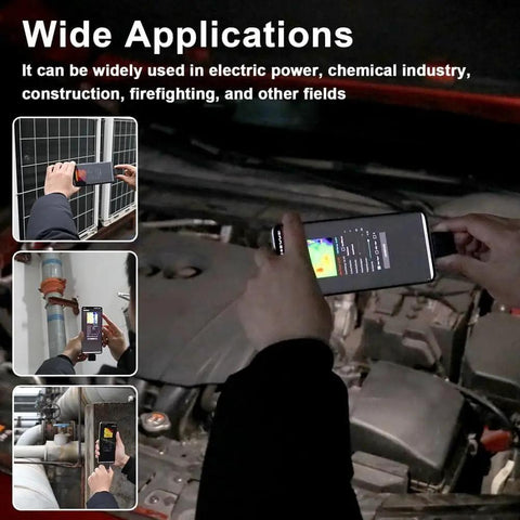 Person using Portable Infrared Thermal Imaging Camera With USB Type C For Android Phone 32 By 32 Resolution Minus 20 To 1000 Celsius Range Real Time IR Imaging Handy TinyThermalImager App Upgrade From Google Play For Quick Field Scans on car and pipes