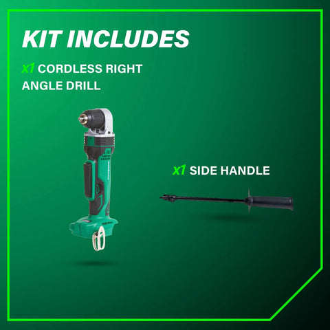 18V Right Angle Drill With 3/8 Inch Keyless Chuck, Paddle Switch, LED Light, Variable Speed, Side Handle, Compact Bare Tool