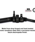 Heavy Duty Eighty Six Piece One Quarter Inch Drive Impact Socket Set with black chrome vanadium heat-treated finish displayed