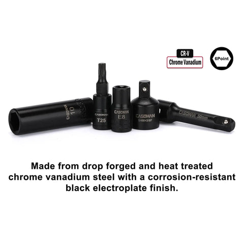 Heavy Duty Eighty Six Piece One Quarter Inch Drive Impact Socket Set with black chrome vanadium heat-treated finish displayed