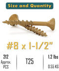Tan Epoxy Coated Deck Screws Set Heavy Duty Size 8 By 1-1/2 Inch 204 Pieces 1.2 Lb Total 1000 Hour Salt Spray Rust Resistant T25 Torx Bit Included For Outdoor Pressure Treated Lumber And Fences shown with size and quantity specifications.