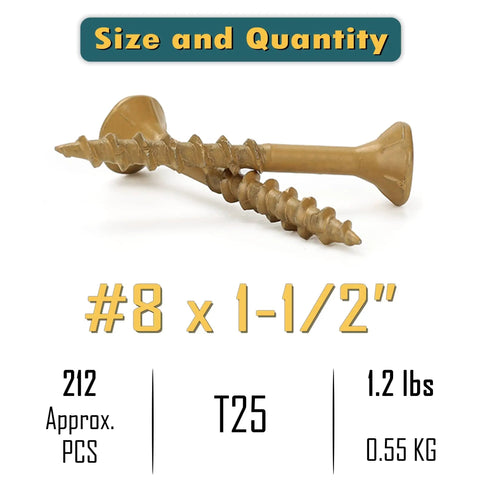 Tan Epoxy Coated Deck Screws Set Heavy Duty Size 8 By 1-1/2 Inch 204 Pieces 1.2 Lb Total 1000 Hour Salt Spray Rust Resistant T25 Torx Bit Included For Outdoor Pressure Treated Lumber And Fences shown with size and quantity specifications.