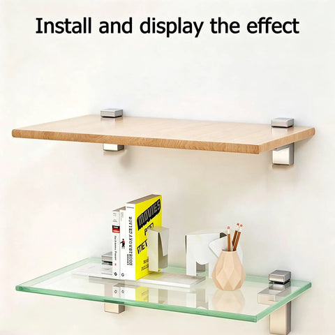 Installed wooden and glass shelves using Four Pack Mini Brushed Zinc Alloy Glass Shelf Clamps With Rubber Cushions on wall