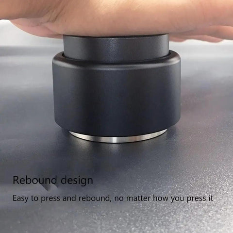 Heavy Duty 304 Stainless Steel Coffee Tamper And Espresso Distributor With Gravity Adaptive Design For Dead On Tamping And Zero Fuss Home Barista Shots Straight Out Of Your Kitchen Cabinet, close-up view of rebound design.
