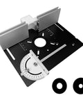 Heavy Duty Aluminum Router Table Insert Plate For Woodworking Benches With Miter Gauge Guide showing alignment features and precision markings.