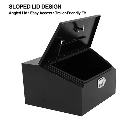 Heavy Duty 36 Inch Trailer Tongue Tool Box With Angled Sloped Lid Steel Storage Chest Built Tough As Nails For RV Gear Trailers And Camping Organization Rig Ready Hitch Accessory, open with lid support.