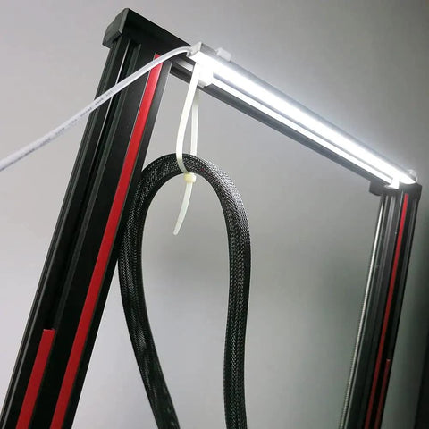 Close-up of LED lighting on stainless steel frame of 3D Printer Enclosure With Constant Temperature LED Lighting Soundproof Dustproof Heating Tent.