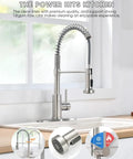 Straight Up Commercial Spring Kitchen Faucet With Pull Down Sprayer In Brushed Nickel and Dual Spray Modes, showing 360° swivel and temperature controls.