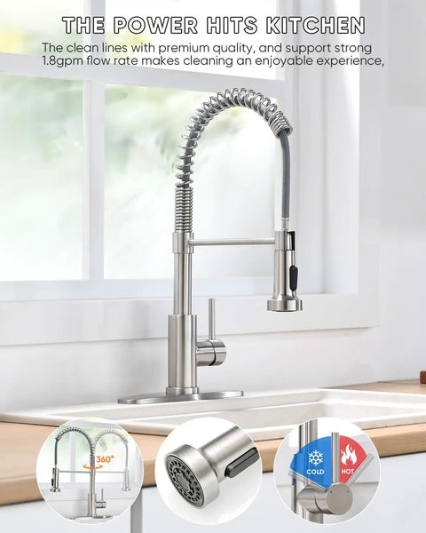Straight Up Commercial Spring Kitchen Faucet With Pull Down Sprayer In Brushed Nickel and Dual Spray Modes, showing 360° swivel and temperature controls.