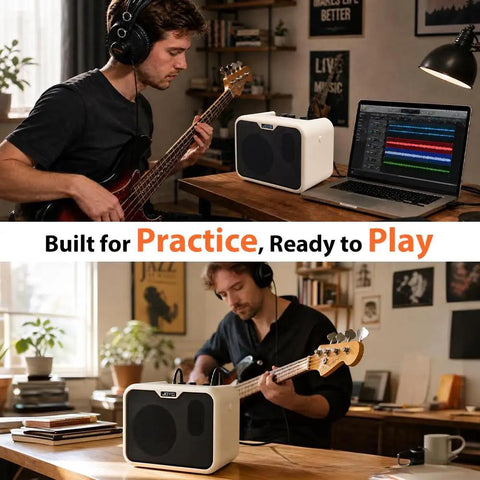 Musician using Compact 10W Bass Amp For Practice, Dual Channel Normal And Drive, Battery Powered Portable Bass Guitar Amp at home