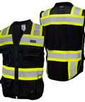 Pro Level Ansi Class One Safety Vest For Surveyors In Matte Black With High Vis Reflective Trim Breathable Mesh Back Built Tough Neck Cushion Dual Tablet Slots No Sweat Dry Fit Comfort Medium Size, front and back views.