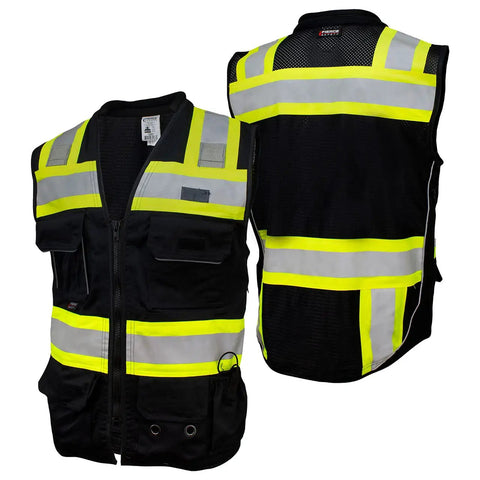 Pro Level Ansi Class One Safety Vest For Surveyors In Matte Black With High Vis Reflective Trim Breathable Mesh Back Built Tough Neck Cushion Dual Tablet Slots No Sweat Dry Fit Comfort Medium Size, front and back views.