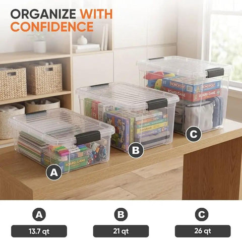 Clear Plastic Storage Bins With Snap On Lids For Home Office Organization Stackable Crates BPA Free Non Toxic Craft And Tool Organizer 13.7 Quart, 21 Quart, 26 Quart on a wooden table.