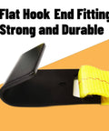 Heavy Duty Flat Hook Ratchet Straps 4 Pack 2 Inch By 27 Foot Weather Resistant Cargo Straps For Hauling Heavy Loads With 3,333 Lb Working Load Limit For Flatbeds Trucks Trailers And Pickups showing close-up of flat hook end fitting.