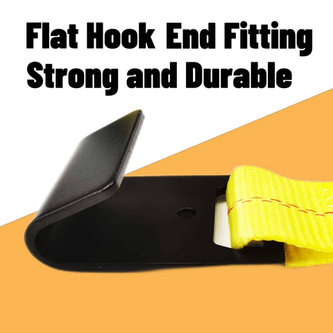 Heavy Duty Flat Hook Ratchet Straps 4 Pack 2 Inch By 27 Foot Weather Resistant Cargo Straps For Hauling Heavy Loads With 3,333 Lb Working Load Limit For Flatbeds Trucks Trailers And Pickups showing close-up of flat hook end fitting.