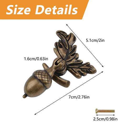 Acorn Drawer Knobs With Leaf Pedestal Eight Piece Set In Antique Zinc Alloy And Copper Finish, size details with measurement