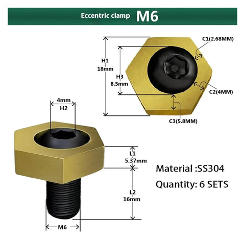 Diagram of M6 Beefy Hex Eccentric Clamps 6 Pack Stainless Steel Workholding Fixtures With Nuts For Thread M4 M5 M6 M8 M10 M12 M16