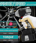 Top Rated 320Nm Cordless Wrench Kit With Brushless Motor held in gloved hand, showcasing adjustable speed and torque settings.