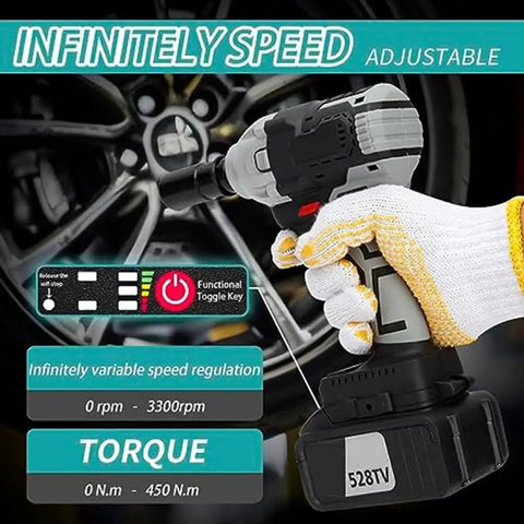 Top Rated 320Nm Cordless Wrench Kit With Brushless Motor held in gloved hand, showcasing adjustable speed and torque settings.