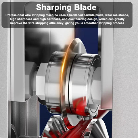 Close-up of sharp blade in Beast Drill Powered Wire Stripping Machine For Copper Recycling With Hand Crank 0.06 To 1 Inch Range