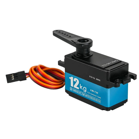 Heavy Duty Digital Servo Boasting Full Metal Gears And Badass 12Kcm Torque For Rc Vehicles Featuring Reliable 270 Degree Rotation and Rig Ready Precision Handling, showing servo design with multi-colored wires.