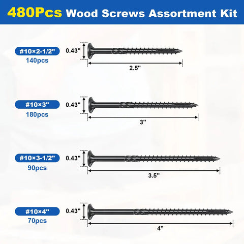 Bulk 480Pcs Wood Screws Kit With Size 10 Deck Screws In Four Sizes For DIY Projects Rust Resistant Torx Bits Included Flat Head Black Finish Handy For Woodworking Decks Fences And Quick Fixes