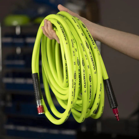 Heavy Duty Lightweight Hybrid Air Hose 3/8 Inch By 25 Feet With ColorConnex Type D Coupler And Plug displayed coiled