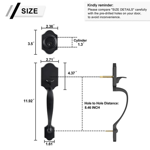 Size diagram of Double Door Lock Set With Dummy Handle And Single Cylinder Deadbolt in Matte Black Finish, showing measurements.