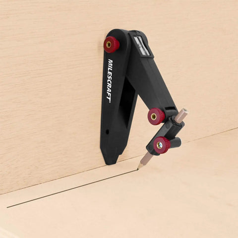 Straight Shooting Scribing And Compass Tool With Flex Head, used to mark precise lines on plywood surface.